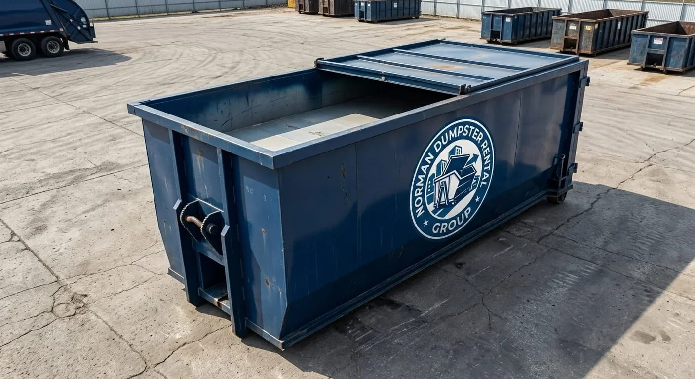 A Norman Dumpster Rental Group 15 yard roll-off dumpster staged in the company yard, size printed on the side
