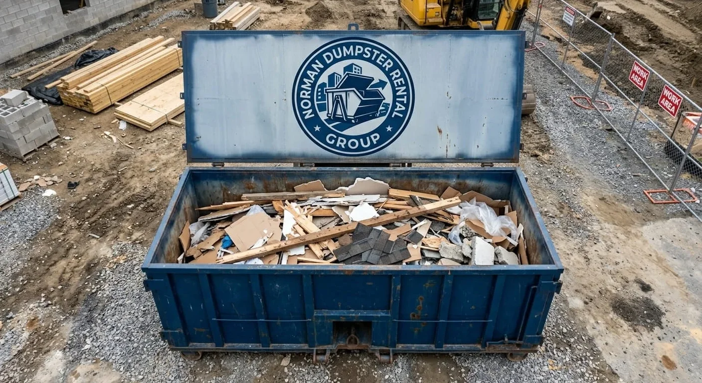 A Norman Dumpster Rental Group 30 yard roll-off dumpster staged in the company yard, size printed on the side
