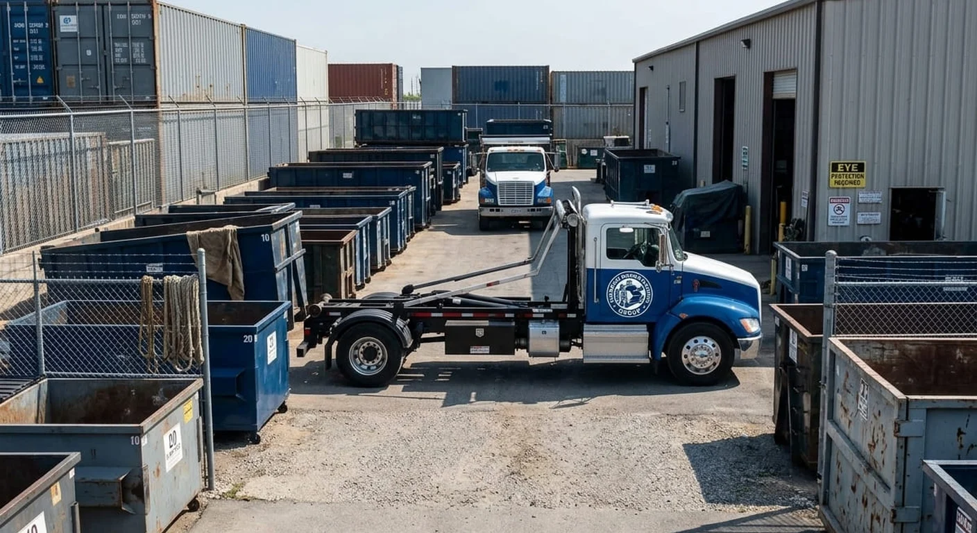 A Norman Dumpster Rental Group 40 yard roll-off dumpster staged in the company yard, size printed on the side