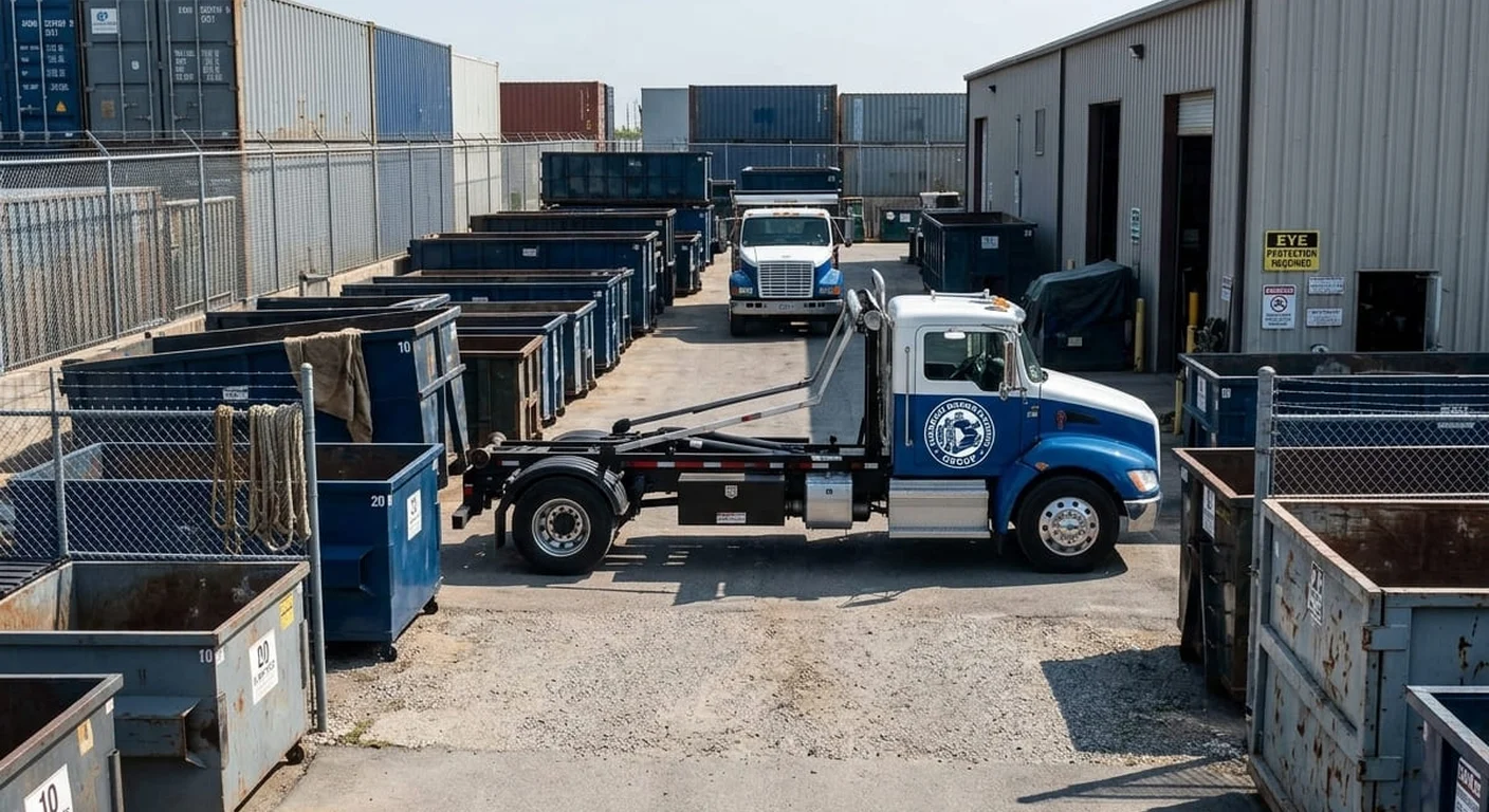 Rows of Norman Dumpster Rental Group containers staged at the company yard