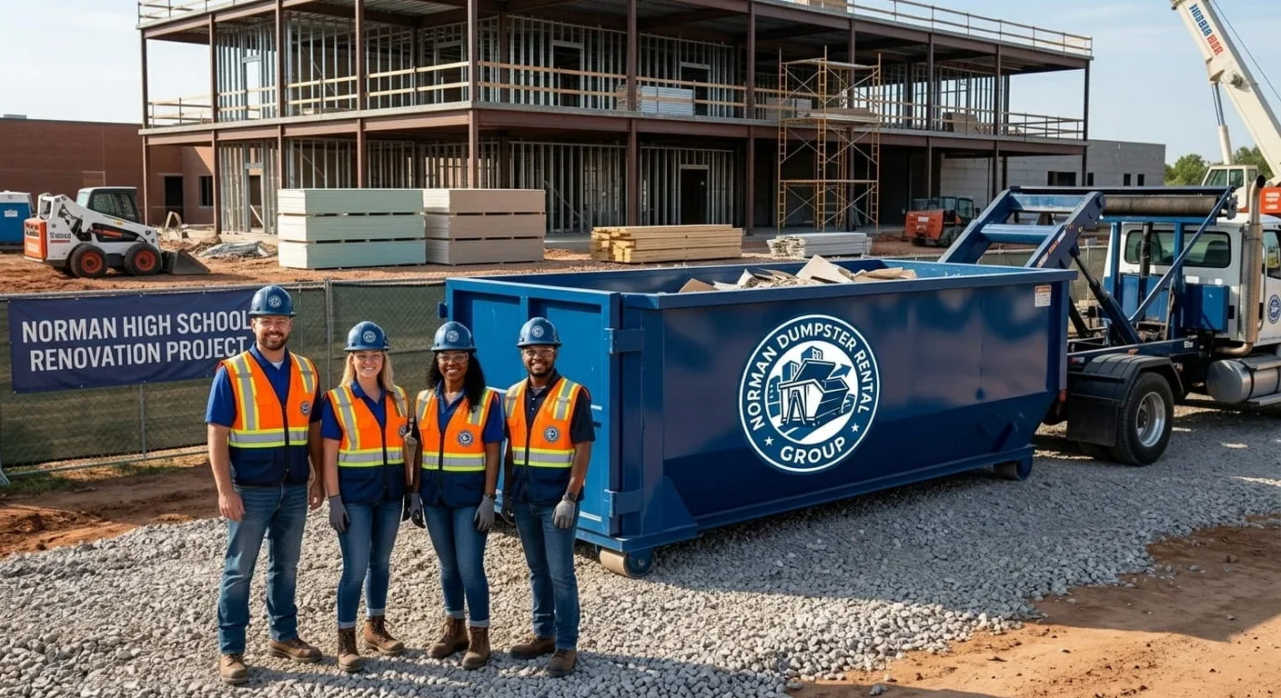 Norman Dumpster Rental Group trucks staged at the company yard, ready for a construction-site delivery