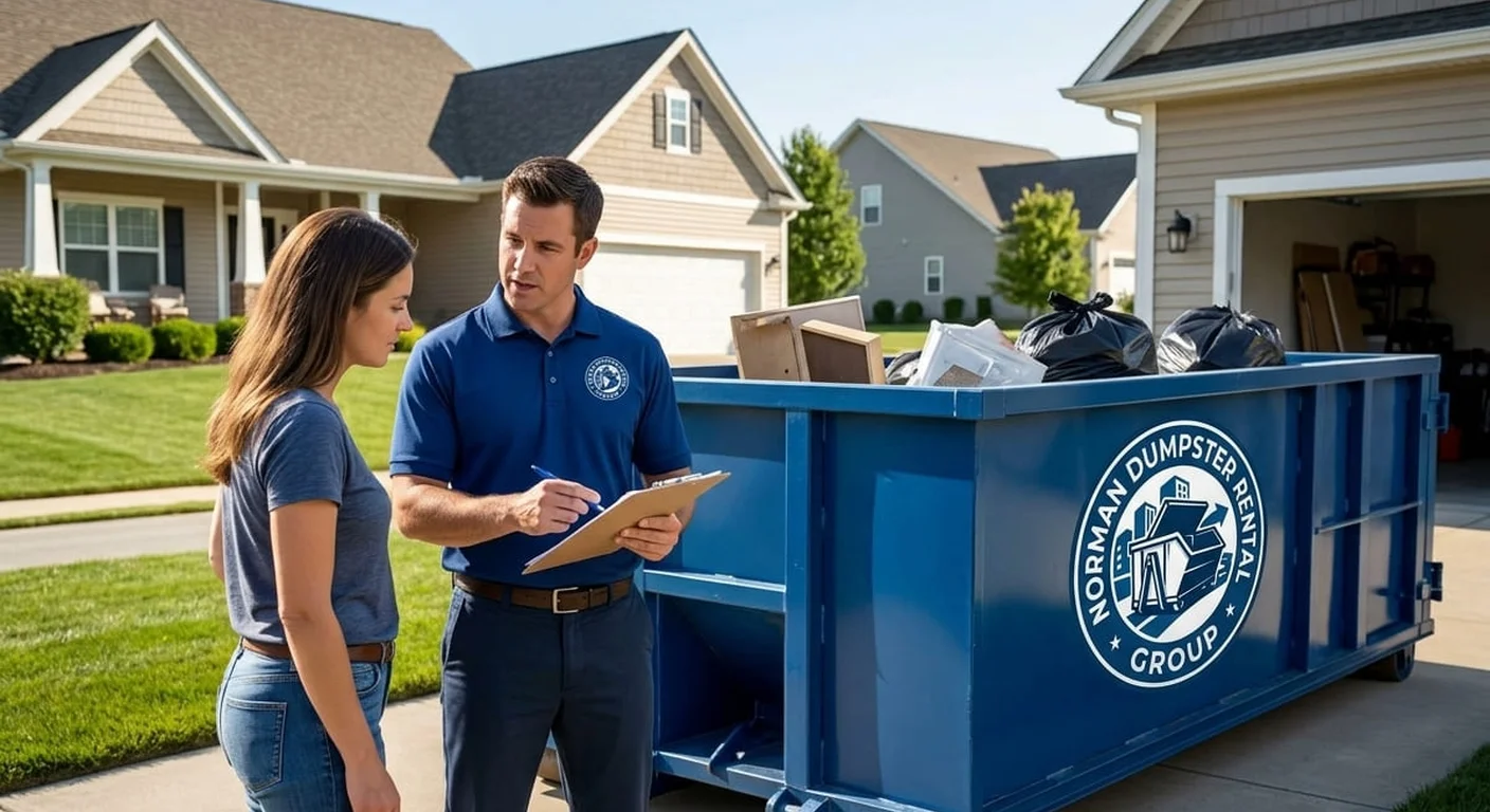 A Norman Dumpster Rental Group driver talking with a homeowner beside a dumpster in a residential driveway