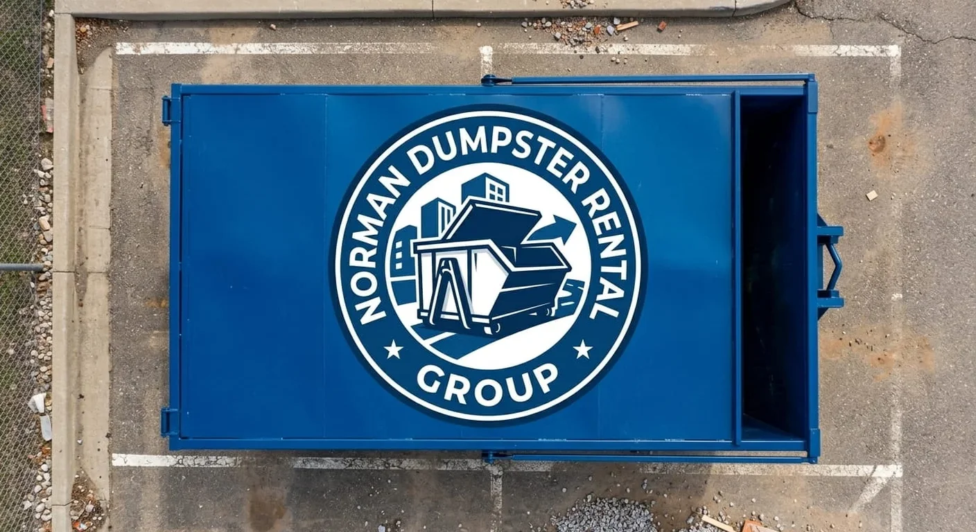 A Norman Dumpster Rental Group blue roll-off container being lowered from the delivery truck
